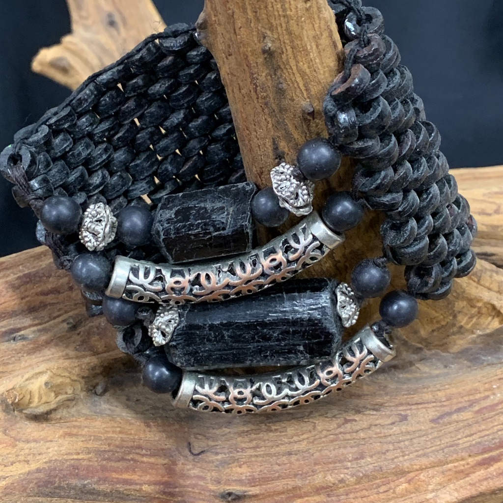 Tourmaline, Silver/Copper Bead & Leather Bracelet